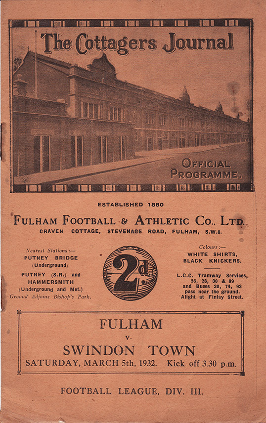 <b>Saturday, March 5, 1932</b><br />vs. Fulham (Away)
